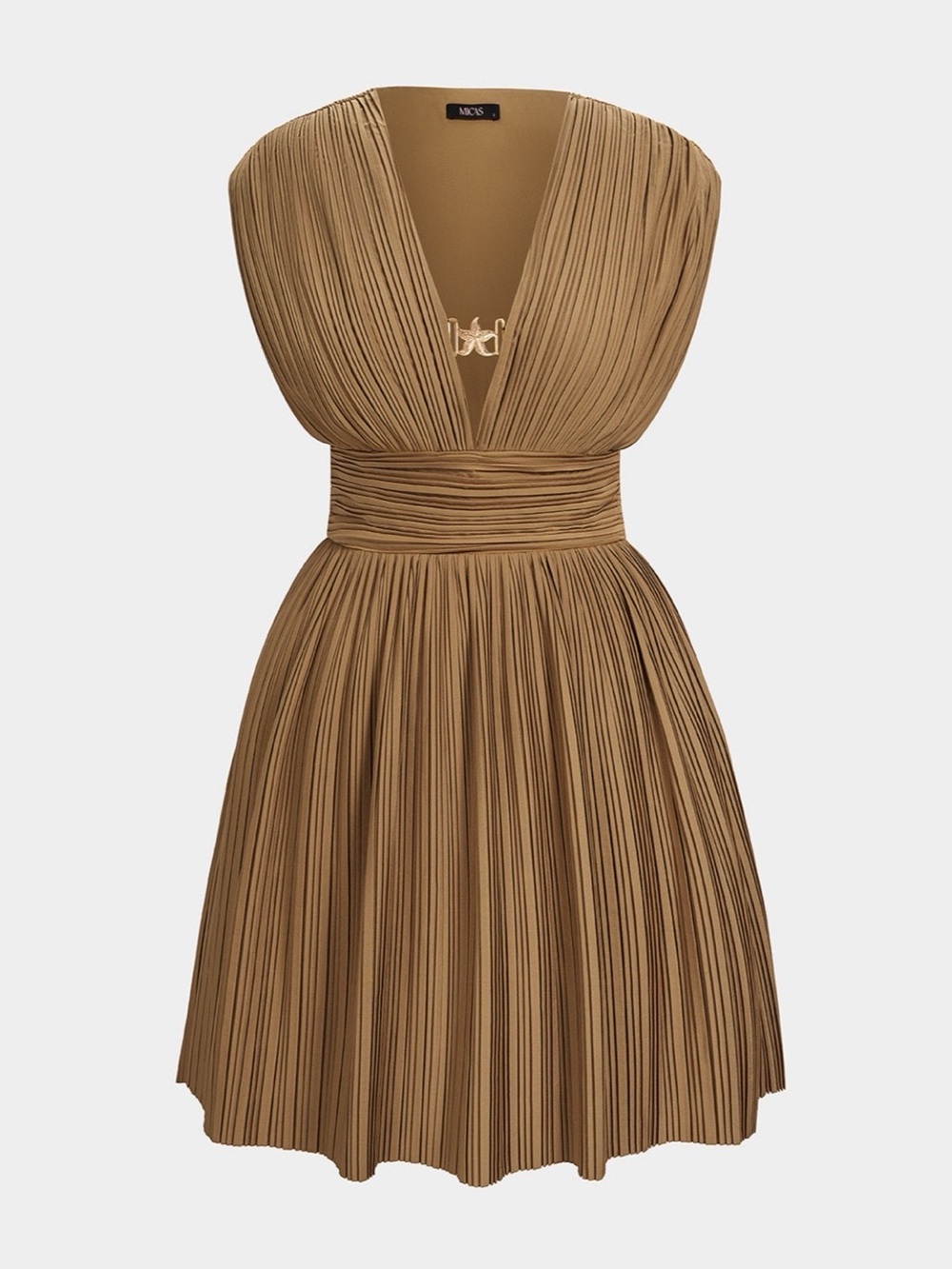 Pleated V-Neck Mini Dress in Tan by ALEXIS